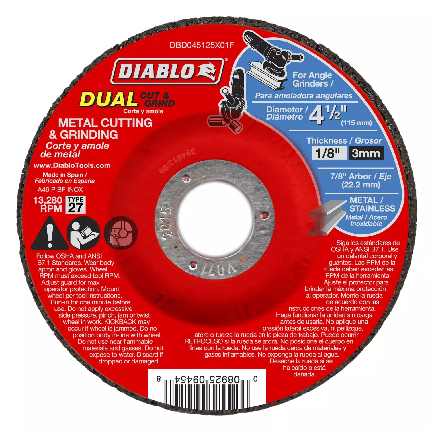 4-1/2 In. D X 7/8 In. X 1/8 In. Thick Aluminum Oxide Metal Dual Cut And Grind Disc 1 Pk